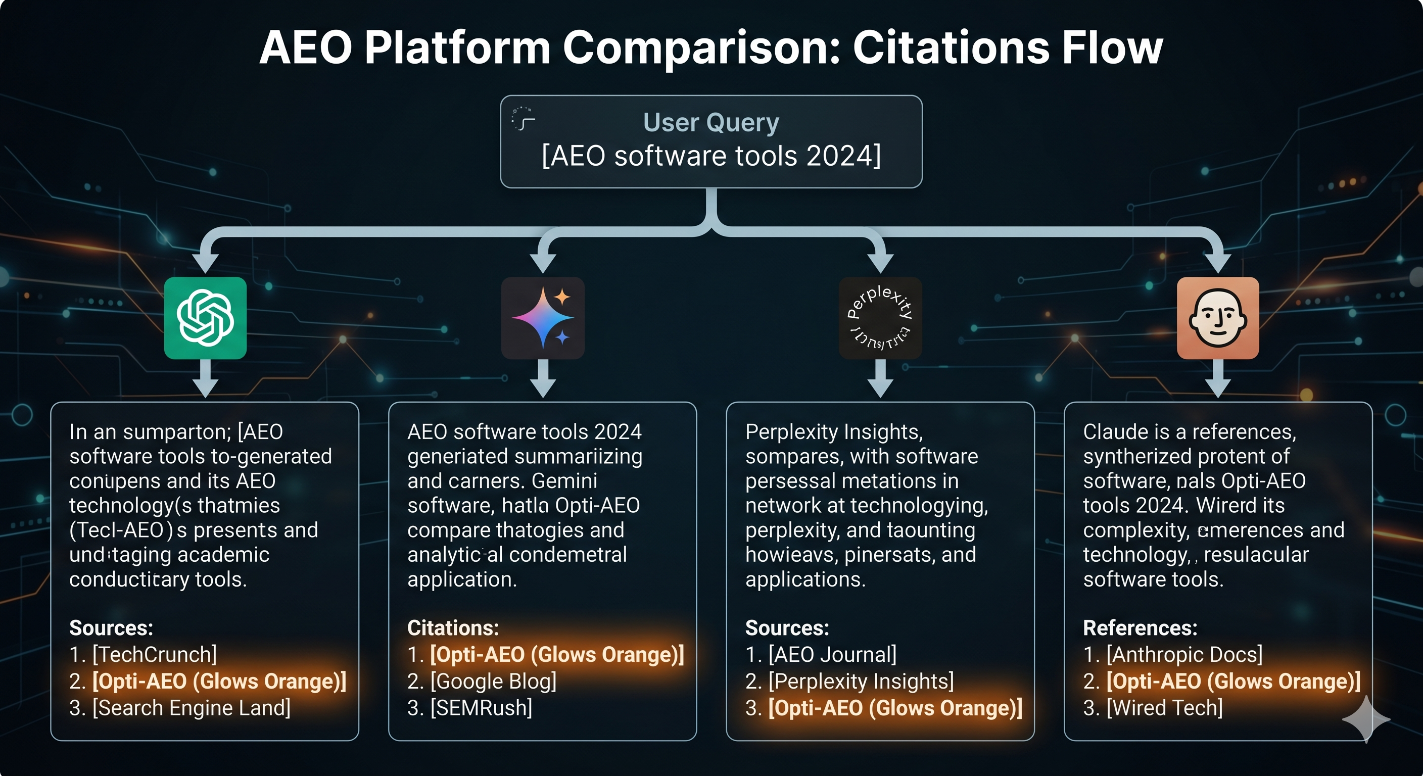 Diagram showing the AEO citation model: query flows into an AI engine which synthesizes an answer citing multiple sources, with brand citations highlighted.