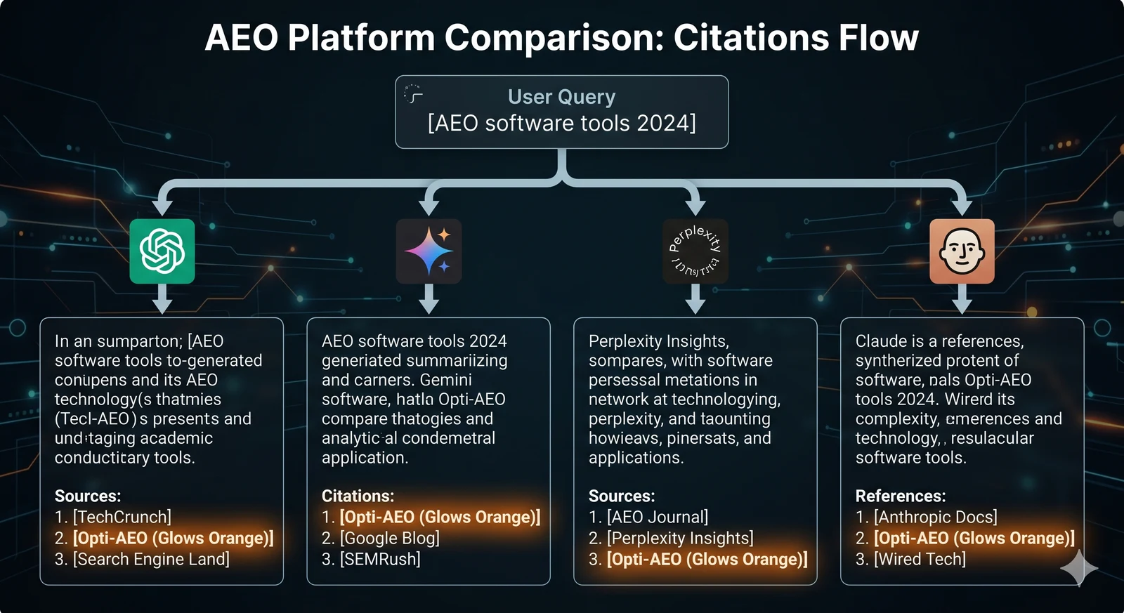Diagram showing the AEO citation model: query flows into an AI engine which synthesizes an answer citing multiple sources, with brand citations highlighted.