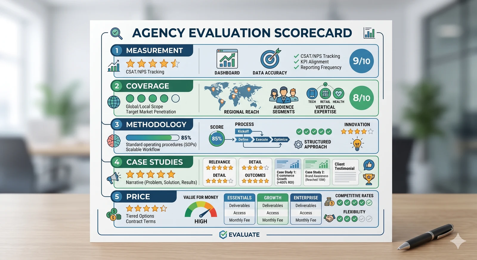 Agency evaluation scorecard showing measurement framework, multi-model coverage, content methodology, and case study evidence