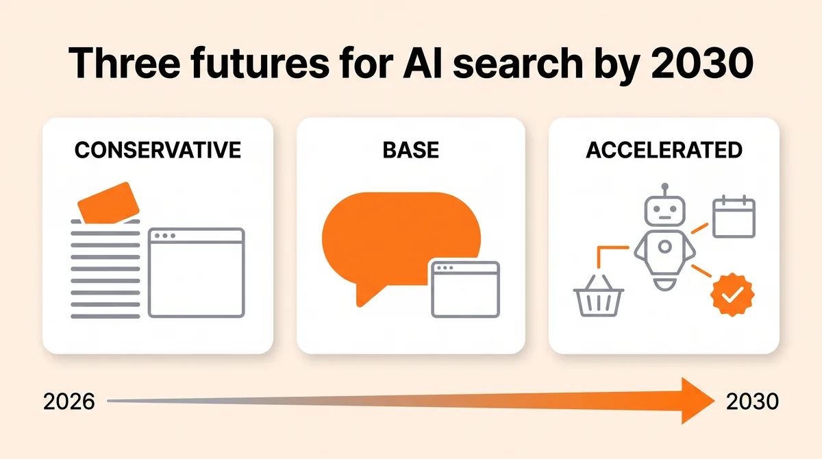Three futures for AI search by 2030: conservative, base, and accelerated, along a 2026 to 2030 timeline