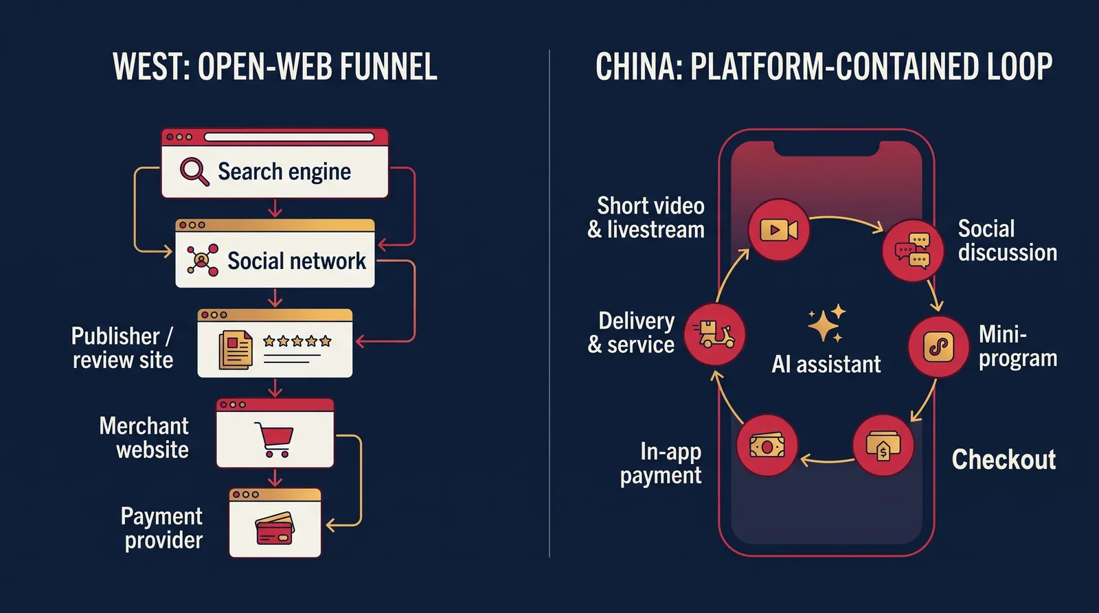 The Western open-web funnel versus China's platform-contained loop, where discovery, discussion, payment and fulfilment happen inside one super-app