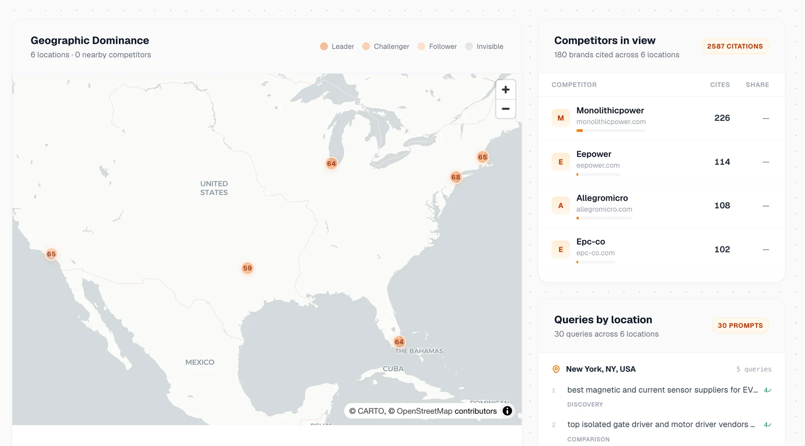 Geographic Dominance view showing AI visibility scores, competitor citations, and queries mapped by location