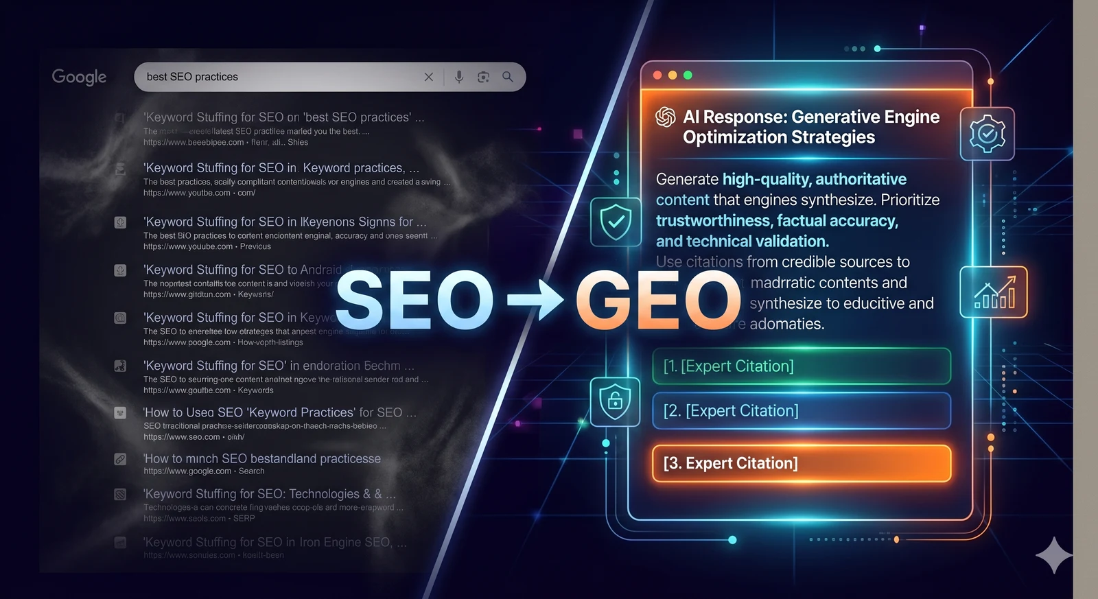 Venn diagram showing the overlap between SEO, AEO, and GEO, with GEO specifically focused on generative AI citation surfaces.
