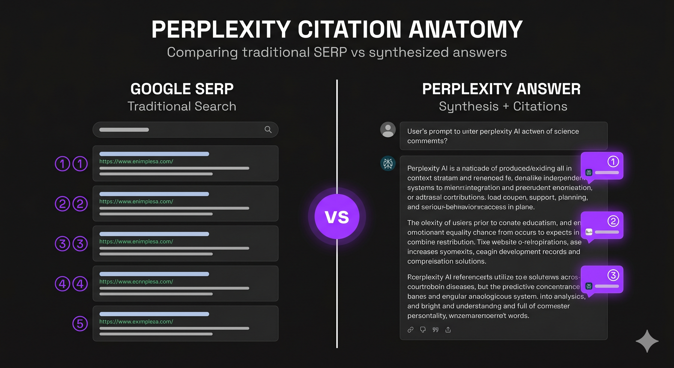 Diagram comparing Google's ranked position model against Perplexity's numbered citation model, showing how rank tracking works differently on each platform.