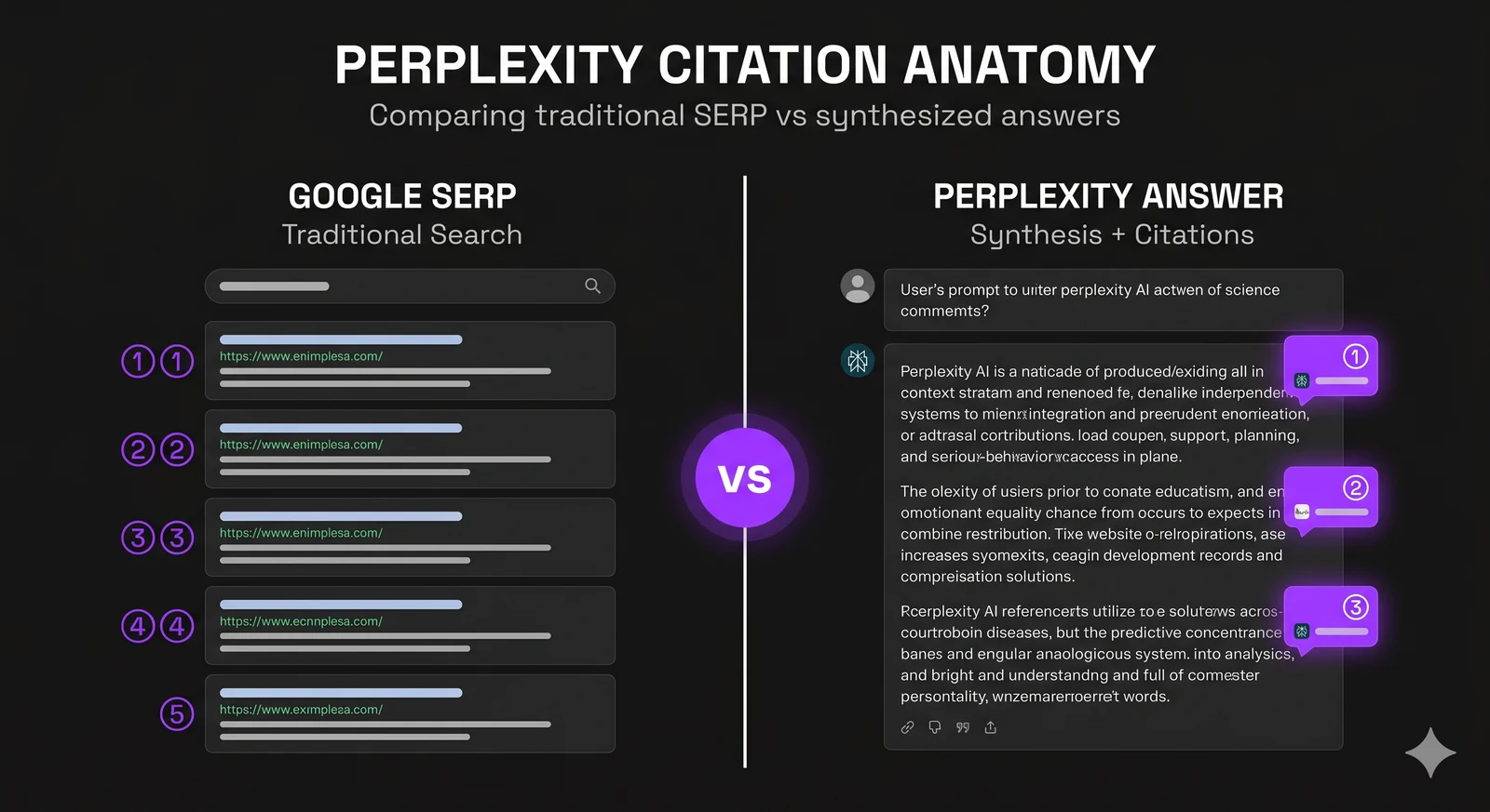 Diagram comparing Google's ranked position model against Perplexity's numbered citation model, showing how rank tracking works differently on each platform.