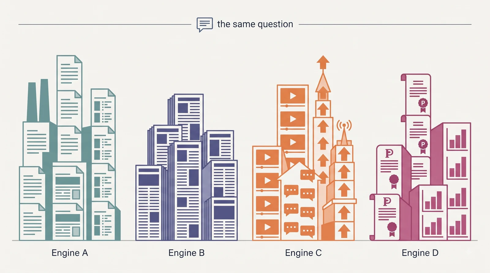 Four AI engines answering the same question from four visibly different skylines of source types